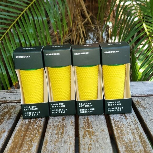 Starbucks Pineapple Yellow Studded Cold Cup Tumbler Hawaii Key Chain Set of 4 - Picture 1 of 2